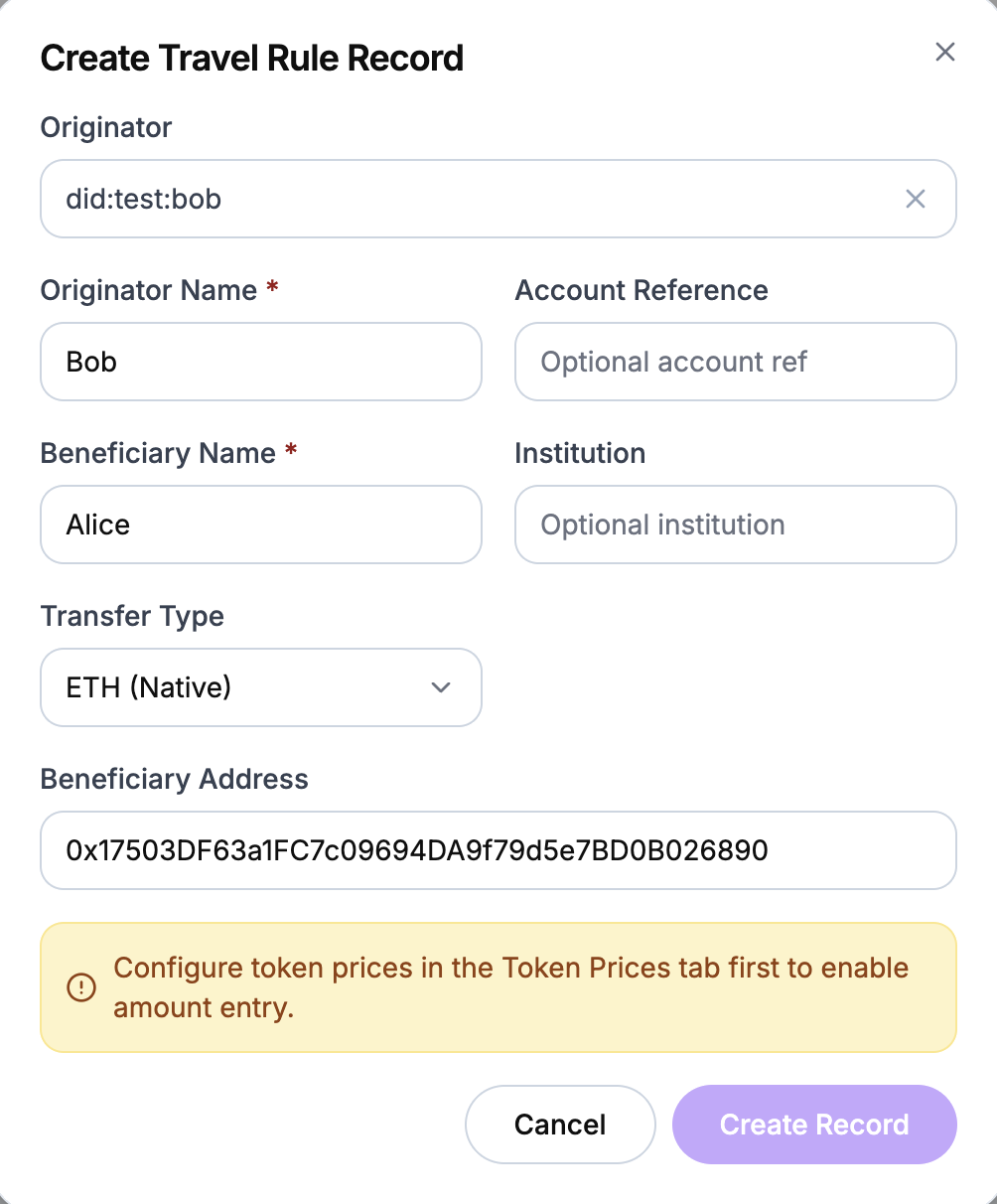 Travel rule record creation with originator and beneficiary details for IVMS101 compliance